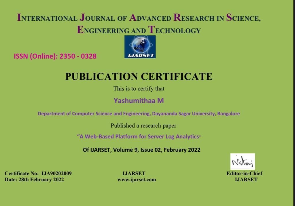 IJARSET publication certificate for Yashumithaa M